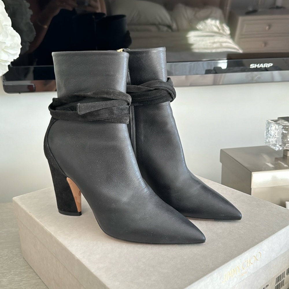 Jimmy Choo Henrietta Booties. Black/Black Leather and Suede. Size 39.5